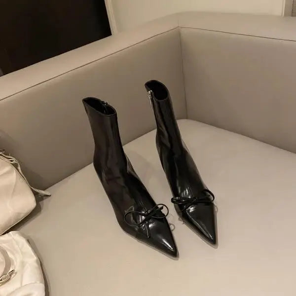 Xajzpa Women's Leather Boots Female Shoes Boots-Women Zipper  Luxury Designer Ladies 2024 High Heel Pointy Med Rubber Mid Calf Mid-Calf
