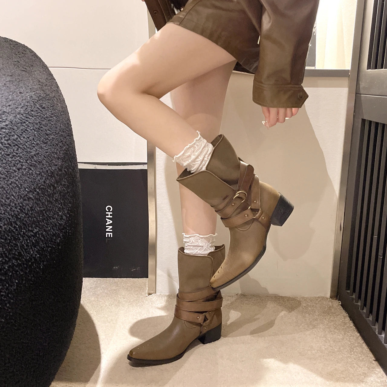 Xajzpa New Style Fashion Women's Winter Pointed Toe Western Ankle Boots Women Square Heels Goth Short Booties Buckle Strap Casual Shoes
