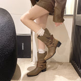 Xajzpa New Style Fashion Women's Winter Pointed Toe Western Ankle Boots Women Square Heels Goth Short Booties Buckle Strap Casual Shoes