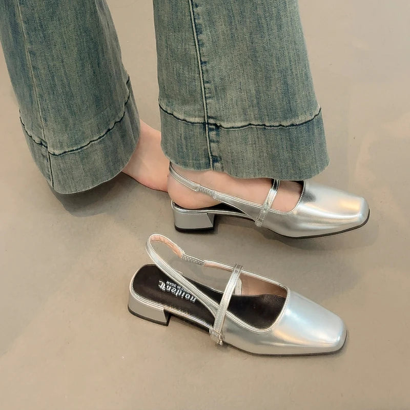 Xajzpa Open Shoes Heel Mary Jane Square Toe Chunky Sandals Women's Block Girls Clear New Low Retro Silver Scandals Janes Women's S