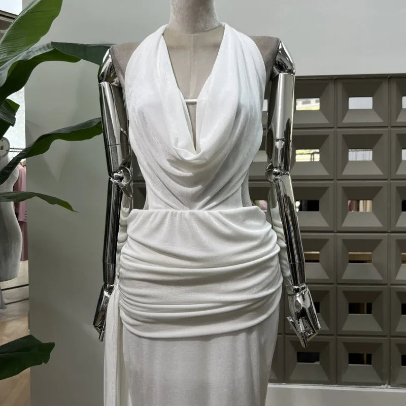 Xajzpa Fashion Solid Color Folds Dress Women's Halterneck Sleeveless Backless Casual Dresses 2025 Summer New Tide