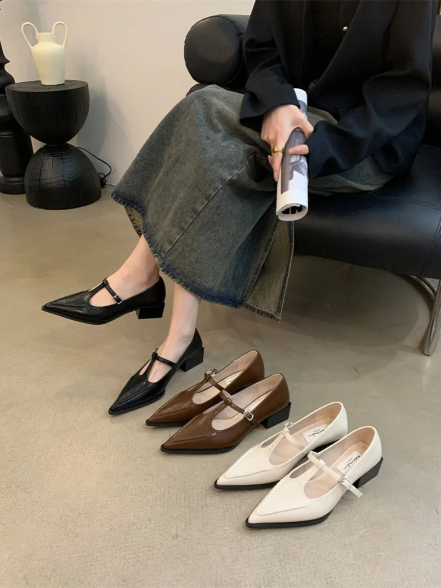 Xajzpa Retro Style Thick Heel Spring and Autumn Women Mary Jane Shoes Fashion Shallow Pointed Toe Ladies Comfort Office Pumps Footwear