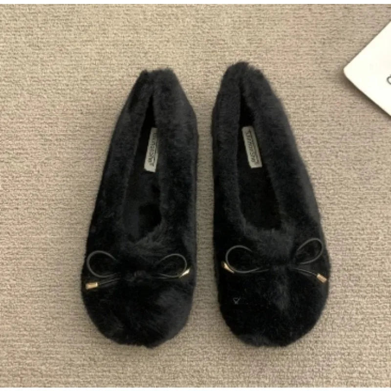 Xajzpa New Fashion Women's Shoes Flats Low Heels Casual Female Sneakers Slip-on Loafers Fur Round Toe Shallow Mouth Boat Slip on Winter