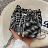 Xajzpa Bright Rhinestone Shoulder Bag Women Chains Crossbody Bag Drawstring Bucket Handbag Luxury Lady Armpit Handbag Daily Totes