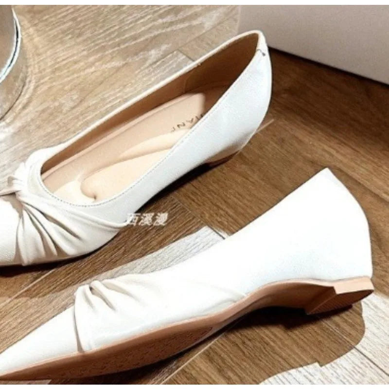 Xajzpa New Fashion Women Flats Pointed Shoes for Women Apricot Leather Casual Loafers Slip on Moccasins Large Size Flat Shoes for Women