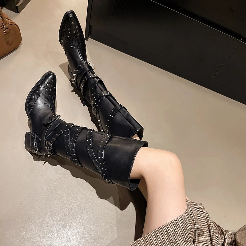 Xajzpa New Style Fashion Women's Designer Vintage Rivet Women Western Cowgirl Boots Autumn Winter Ladies Elegant Knight Long Boots