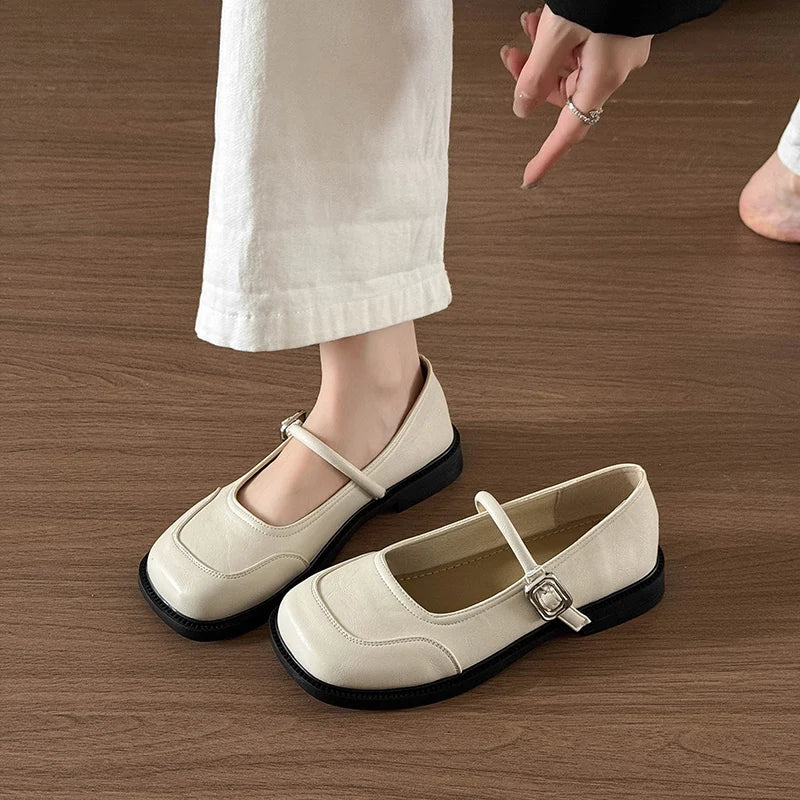 Xajzpa Womens Derby Shoes Female Footwear All-Match Shallow Mouth Leather Dress New Retro Summer Mary Janes Flat Shoes Woman Flats All-