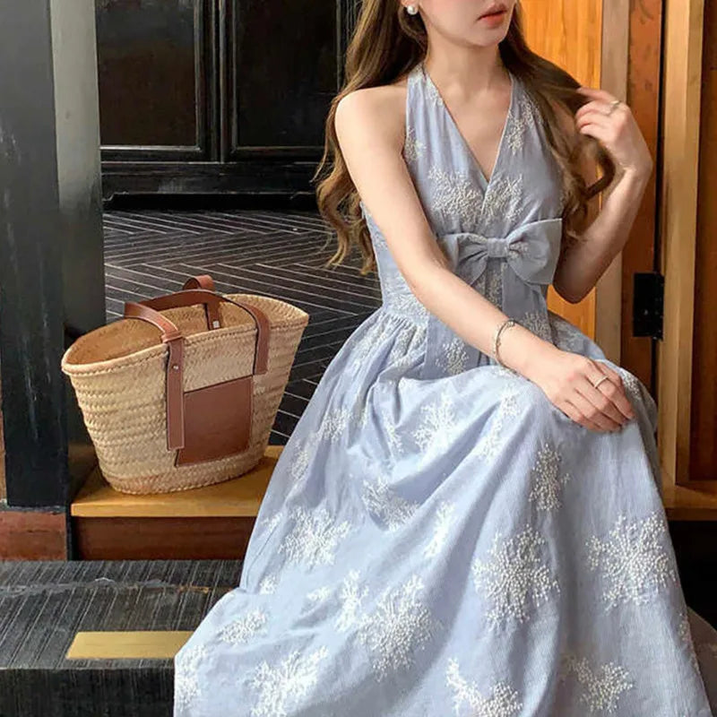 Xajzpa Fashion Embroidered Bow Dress Women's V Neck Off Shoulder Hanging Neck Dresses 2025 Summer New Tide