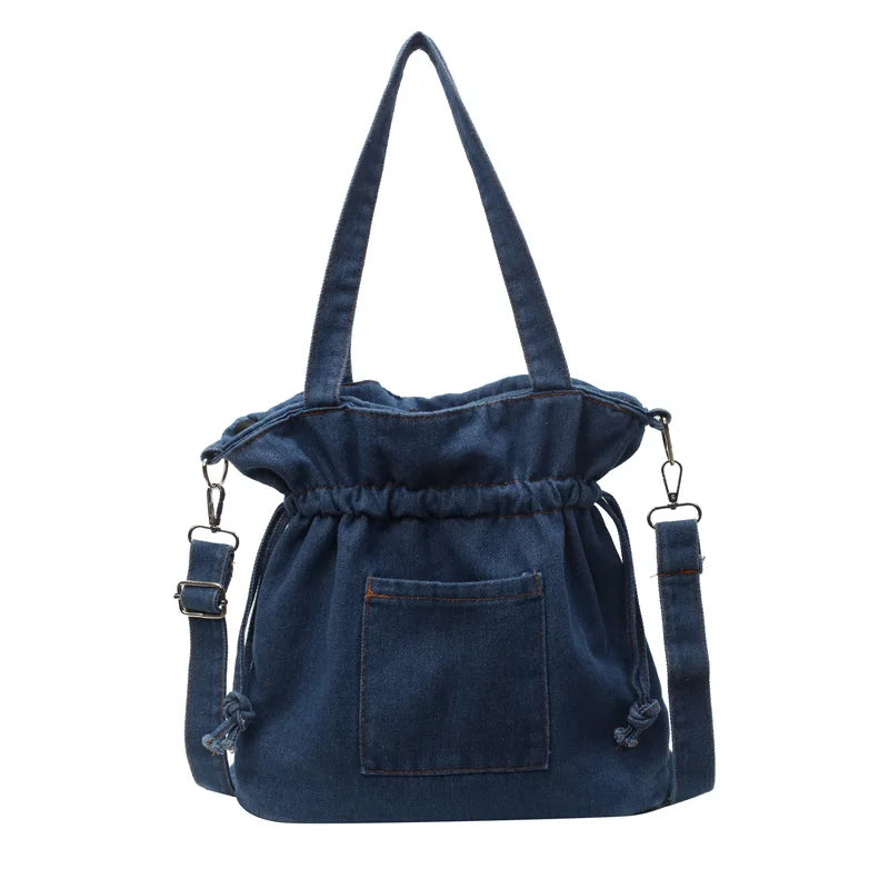 Xajzpa Denim Canvas Shoulder Bag Large Capacity Fashionable Drawstring Design Crossbody Tote Bag Student Textbook Shoulder Handbag