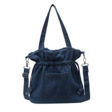 Xajzpa Denim Canvas Shoulder Bag Large Capacity Fashionable Drawstring Design Crossbody Tote Bag Student Textbook Shoulder Handbag