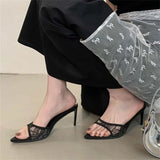 Xajzpa Summer Street Style Design Breathable Women Slippers Sexy Pointed Toe Thin High Heels Banquet Prom Mesh Shoes