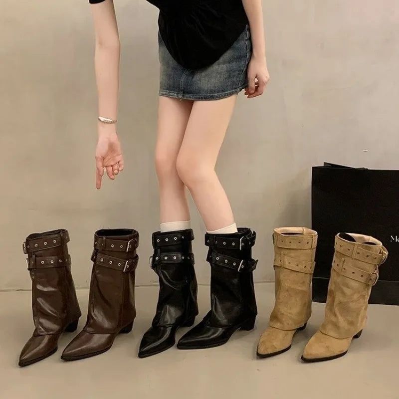 Xajzpa New Style Fashion Pointed Toe Women Western Ankle Boots Elegant Thick Heels Shoes Laides Belt Buckle Short Booties Zapatos Mujer