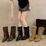 Xajzpa New Style Fashion Pointed Toe Women Western Ankle Boots Elegant Thick Heels Shoes Laides Belt Buckle Short Booties Zapatos Mujer