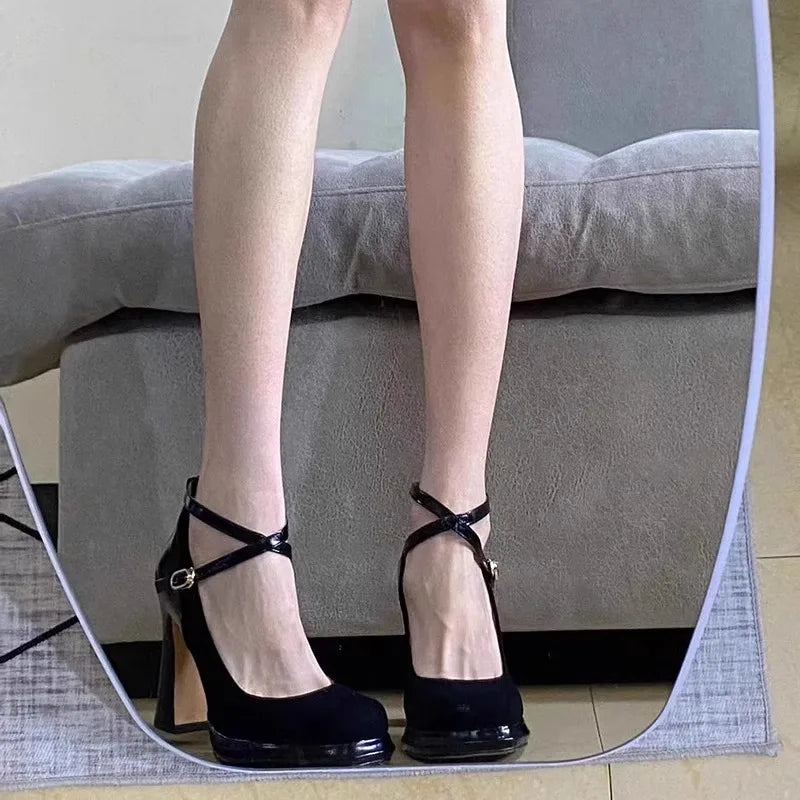 Xajzpa Beige High Heels Lolita Shoes Chunky Sandals Increasing Height Clogs for Women 12cm Latest Mary Jane Block African Black Pu