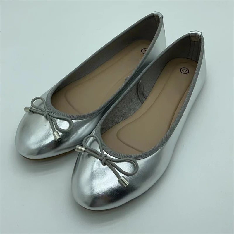 Xajzpa Elegant Bowknot Ballerina Women's Flat Round Toe Comfort Slip-On Ladies Loafers Leather Single Mules Shoes