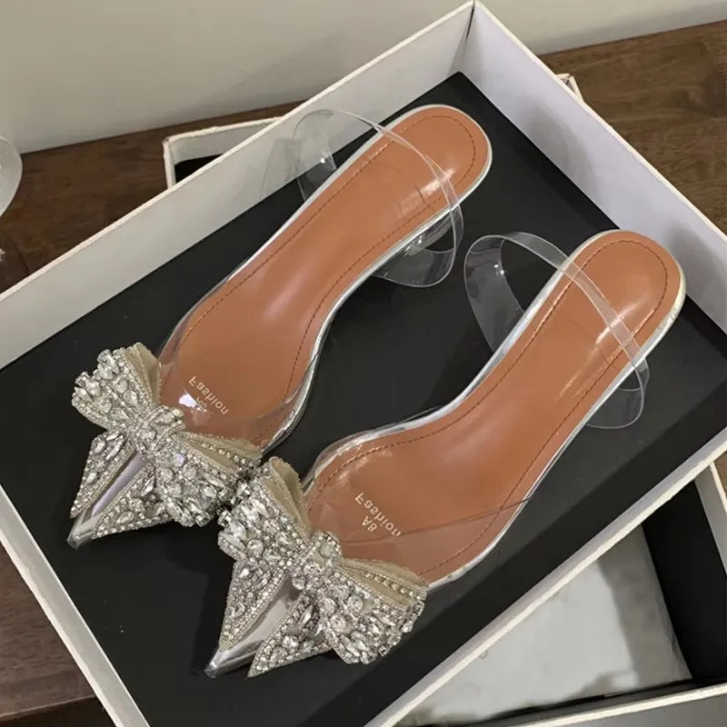 Xajzpa Spring Sexy Slingback Shoes Women Mules Sandals Fashion Crystal Diamond Bowknot Pointed Toe Transparent Heels Pumps