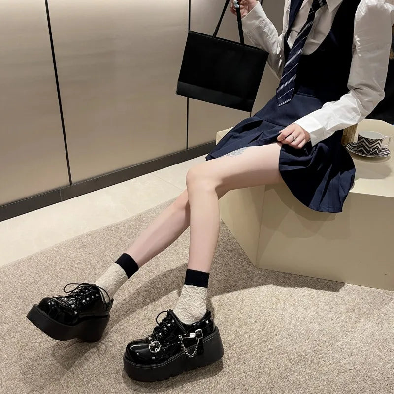 Xajzpa Punk Gothic Lolita Shoes Women AutumnThick Sole Brand Platform Mary Jane Shoes Wedge High Heels Party Cosplay Designer
