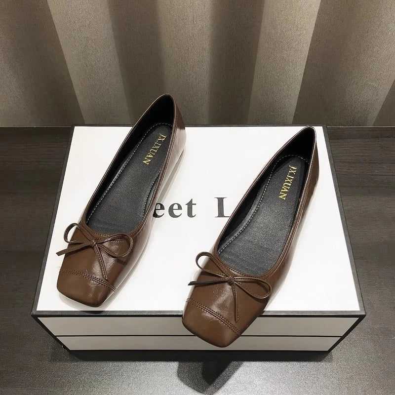 Xajzpa Bowtie Flat Shoes Women Ballerinas Square Toe Slip on Ballet Flats Lazy Loafers Moccasins Ladies Casual Comfort Shoes