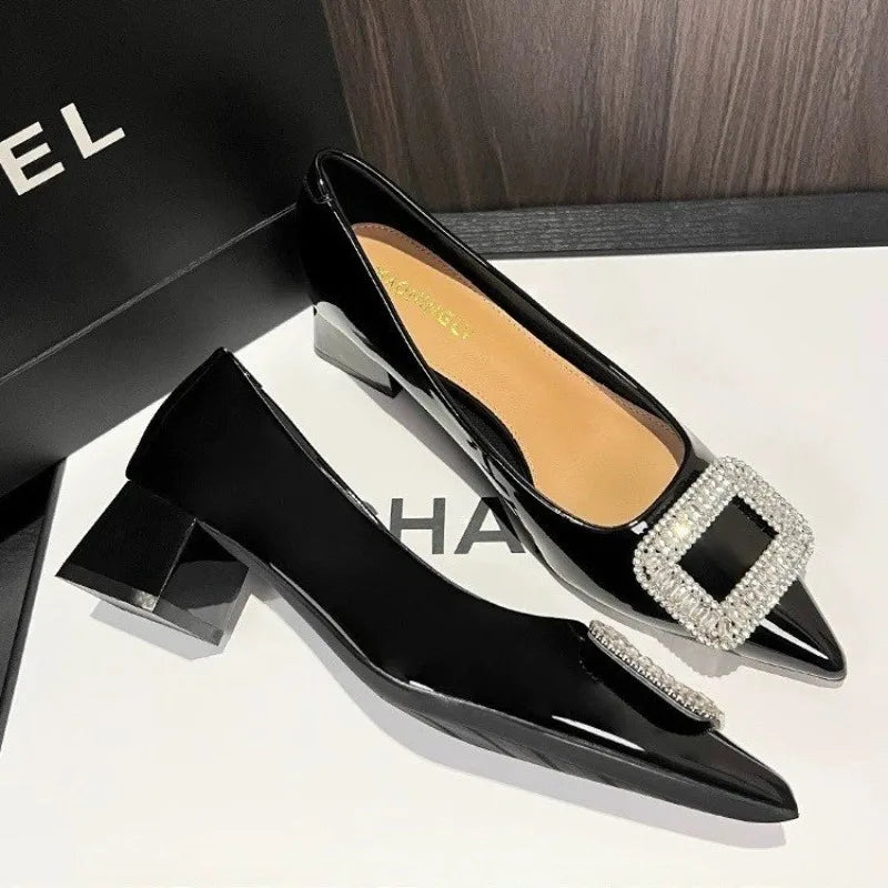 Xajzpa New Style Luxury Women's Fashion Metal Crystal Splice Women Pumps Kitten Thick Heel Elegant Party Ladies Shoes Zapatos De Mujer