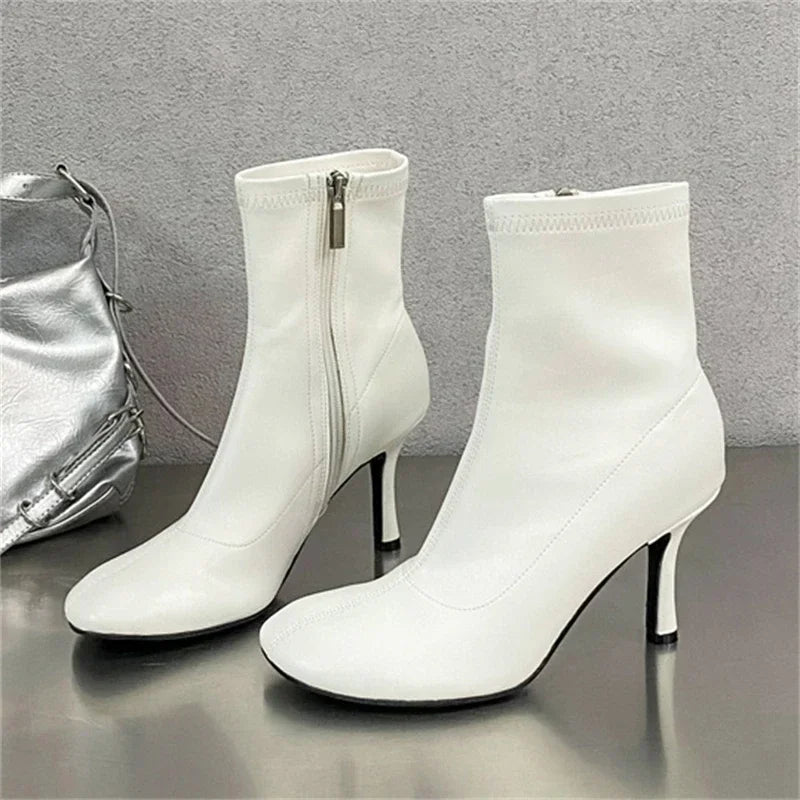 xajzpa Spring Autumn SEXY Round Toe Women Ankle Boots Concise Thin High Heels Shoes Fashion Side Zipper Short Booties