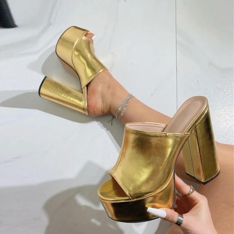 Xajzpa Sexy Thick Bottom Square Toe Chunky High Heels Platform Slippers For Women Party Banquet Shoes Gold Sandals Zapatos Mujer