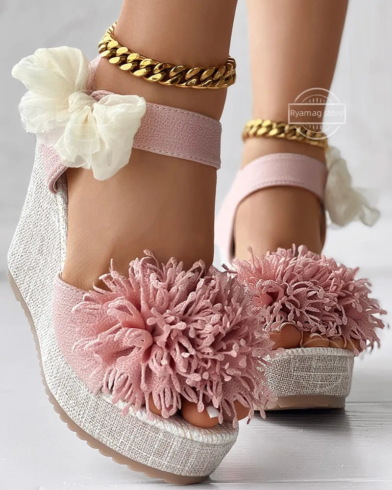 Xajzpa Sandals Women's Floral Pattern Bowknot Decor Platform Wedge Espadrilles Platform Bow High Heels Women's Slippers Shoes