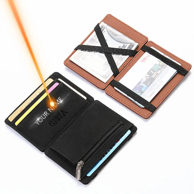 Xajzpa New Mini Men Wallets Name Engraved Card Holder Male Wallet High Quality PU Leather Zipper Coin Pocket Small Magic Man Purses