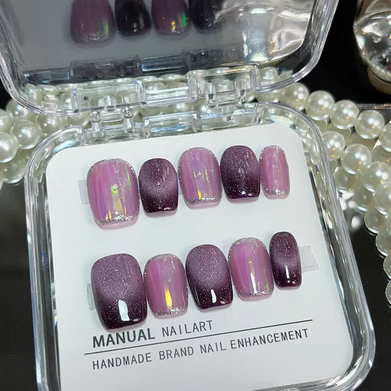 Xajzpa  10Pcs Aurora Cat Eye Handmade Press On Nails Short Square Head False Nails Wearable Simple Pure Manicure Full Over Nail Art Tips