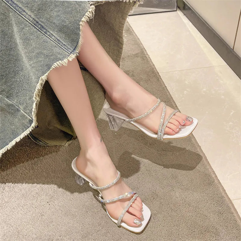Xajzpa Slippers Casual Rubber Flip Flops Summer Women's Shoes Heeled Mules Glitter Slides Pantofle Square heel Luxury Hawaiian High Jel