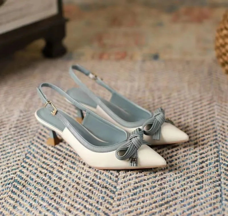Xajzpa Elegant bow thin heel pointed toe shallow mouth single shoe color blocked simple casual fashionable women's shoes
