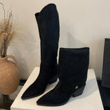 Xajzpa Retro Style Fold Button Women Knee-High Boots Fashion Pointed Toe Square Low Heels Casual Dress Ladies Shoes