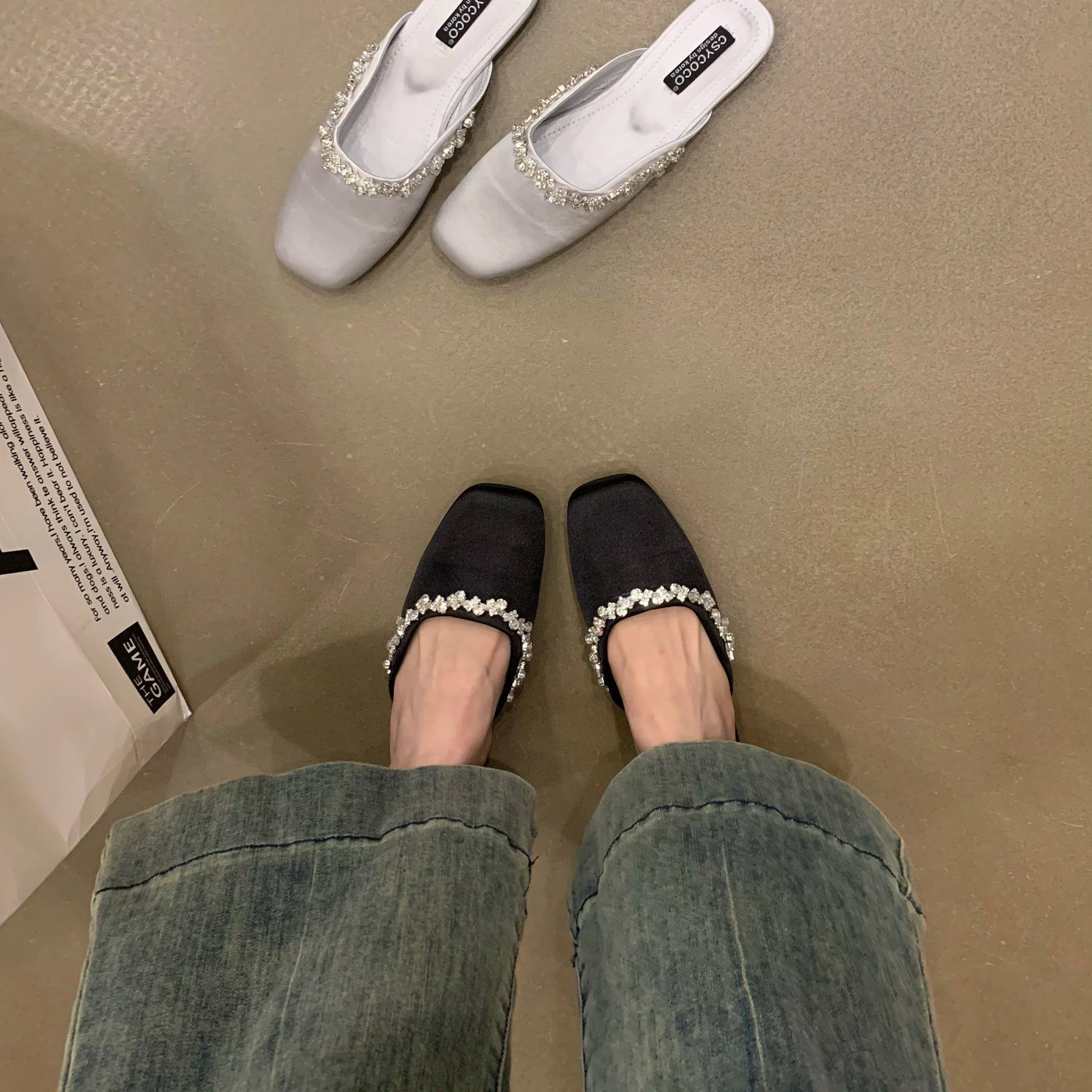 Xajzpa Square Toe Flat Shoes Female Womens Slippers Outdoor Glitter Slides Pantofle Cover Jelly Soft Crystal Scandals Flat Shoes F