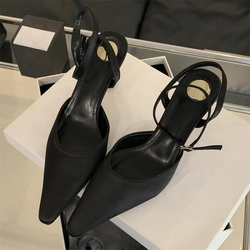 Xajzpa Spring Designer Narrow Band Women Pumps Sexy Ankle Buckle Strap Pointed Toe Thin Low Heels Dress Slingbacks Mule Shoes