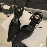 Xajzpa Spring Designer Narrow Band Women Pumps Sexy Ankle Buckle Strap Pointed Toe Thin Low Heels Dress Slingbacks Mule Shoes