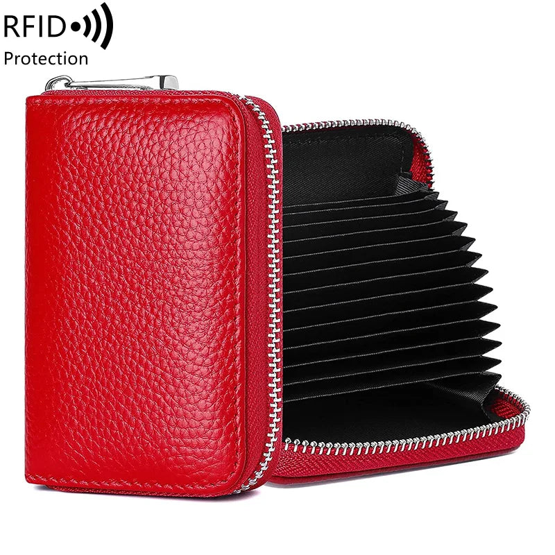 Xajzpa RFID Genuine Leather 14 Slot Credit Card Wallet with Zipper Suitable for Women or Men's Accordion Wallet