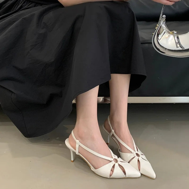 Xajzpa Sandals Ladies Shoes Summer Large Size Women's Heels Buckle All-Match Suit Female Beige New Fashion Big Pointed Girls Close