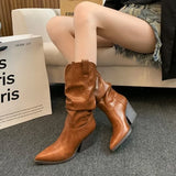 Xajzpa Female Western Boots Cowboy Boots Women Plested Women Ankle  Pu Leather Shoes Autumn Boots Women Booties Lady Plus Size 42