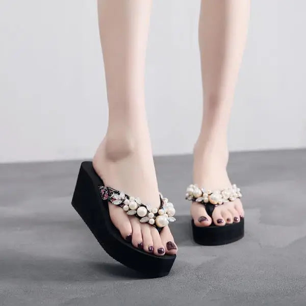 Xajzpa On A Wedge Slippers Casual String Bead Beach Shoes Platform Rubber Flip Flops Slides Slipers Women Heeled Mules Luxury Sabot Haw