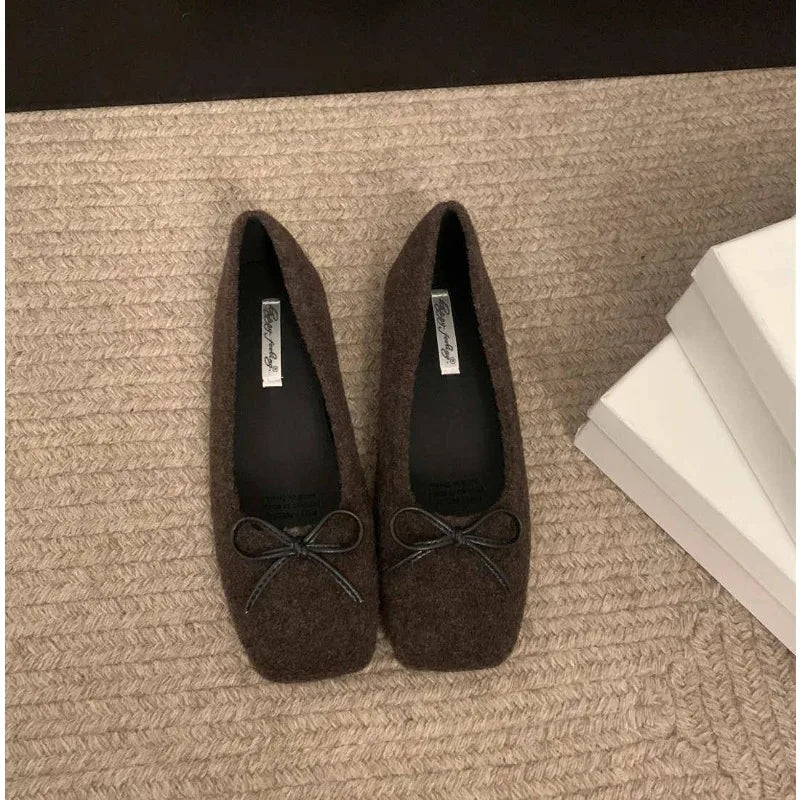 Xajzpa Woman Casual Square Head Bow Flats Flock Mocasines Ballerina Church Flats Female Suede Elegant Soft Sole Women Shoes