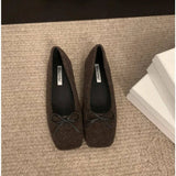 Xajzpa Woman Casual Square Head Bow Flats Flock Mocasines Ballerina Church Flats Female Suede Elegant Soft Sole Women Shoes
