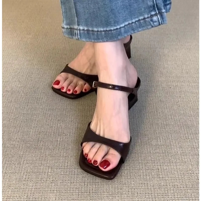 Xajzpa Women's Shoes 2025 New Concise Buckle Strap Square Heel Women's Slippers Fashion Peep Toe Versatile Large Size Modern Slippers