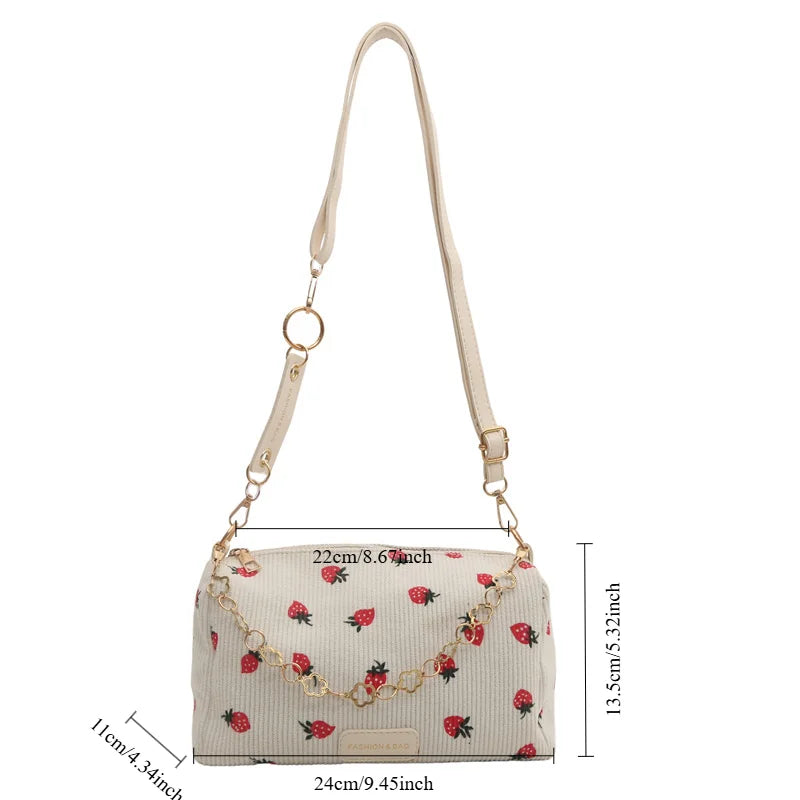 Xajzpa Strawberry Printed Crossbody Mini Bags Corduroy Fresh Ins Style Underarm Bag Refined Female Student Travel Shoulder Bag