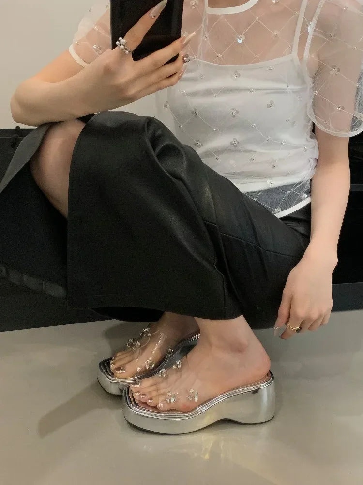 Xajzpa Diamond PVC Transparent Slippers Women Solid Platform Wedges Shoes Summer Square Toe High Heels Sandals