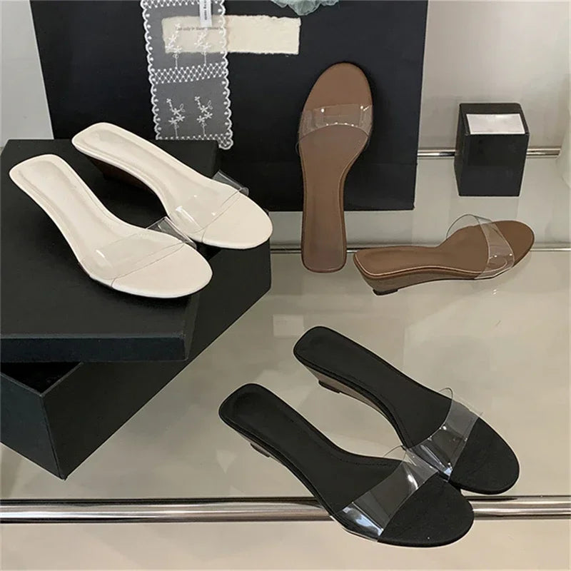 Xajzpa New Summer PVC Transparent Wedges Open Toe Women Slippers Low Heels Banquet Dress Beach Female Shoes
