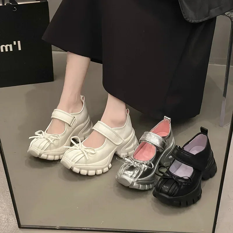 Xajzpa Women Casual Silver Platform Ballet Shoes Thick Sole Sneakers New Summer Fashion Single Shoes Woman Platform Mary Jane Pumps