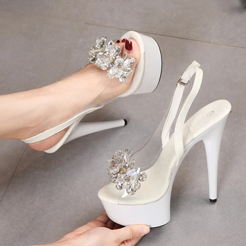 Xajzpa PVC Transparent Women Back Buckle Strap Platform Sandals Fashion Crystal Peep Toe 13CM Super High Heels Party Dress Shoes