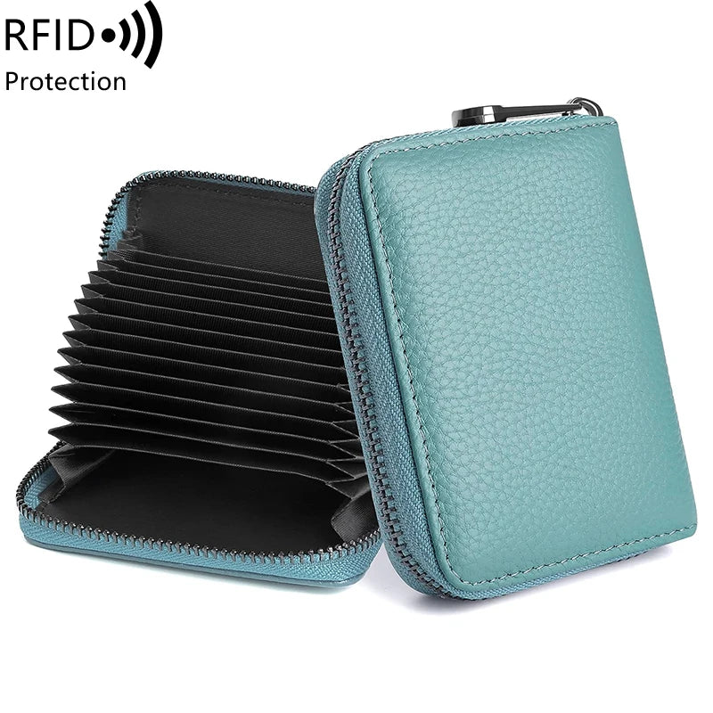 Xajzpa RFID Genuine Leather 14 Slot Credit Card Wallet with Zipper Suitable for Women or Men's Accordion Wallet