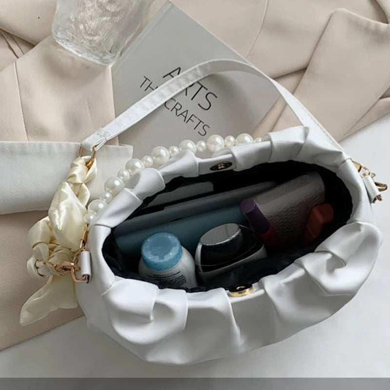 Xajzpa Fashion Pleated Crossbody Shoulder Bag Fashion Cloud PU Leather Small Handbags Purse Women Pearl Luxury Design Underarm Bags