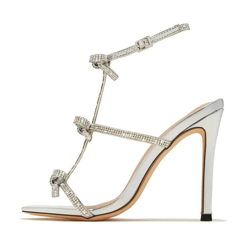 Xajzpa  Summer Fashion Glitter Rhinestone Bowknot Women's Gladiator Thin High Heels Sandals Sexy Open Toe Party Dress Shoes