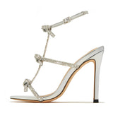 Xajzpa  Summer Fashion Glitter Rhinestone Bowknot Women's Gladiator Thin High Heels Sandals Sexy Open Toe Party Dress Shoes